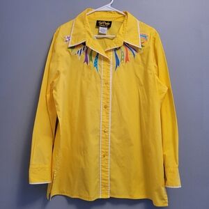 Bob Mackey Wearable Art Yellow Button Up Blouse Large Western Vintage Boho